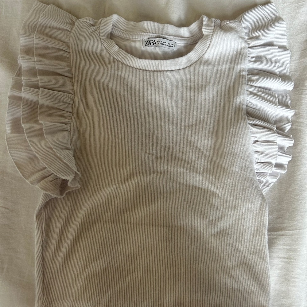 Zara Women Cream Ruffle Sleeve Top